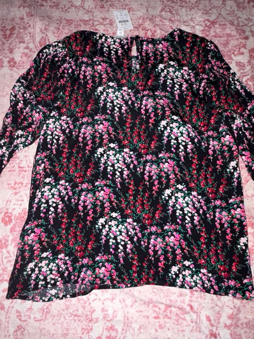 J. Crew Black Long-Sleeve Tee with Pink & White Floral Print